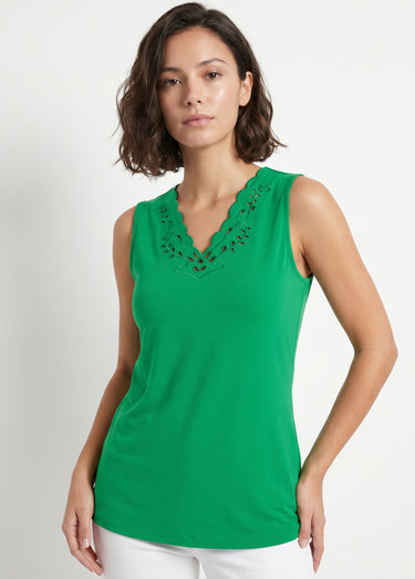 Débardeur col V ajouré brodé Vert