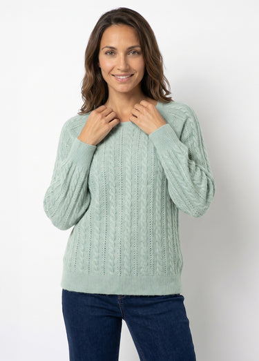 Pull doux maille irisée torsadée ajourée laine Aqua