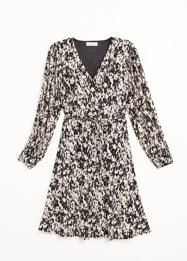 Robe courte cache-coeur imprimé tachiste Noir/Ecru