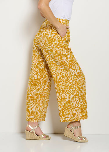 Pantalon large taille élastiquée fleuri ou uni Jaune/Ecru