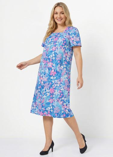 Robe-tablier courte manches courtes Bleu