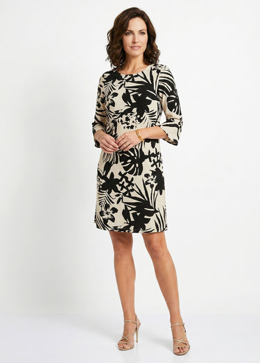 Robe droite courte fleurie fluide Noir/Beige