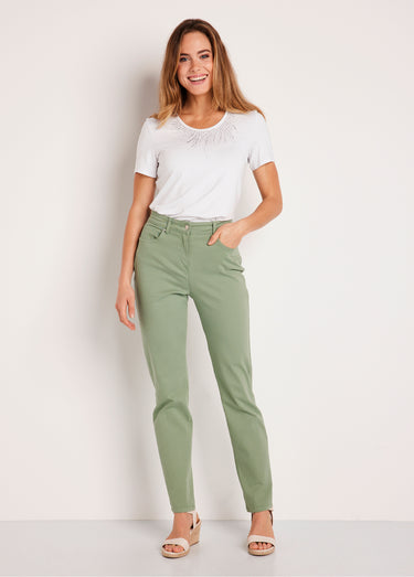 Pantalon droit coton stretch 5 poches Tilleul