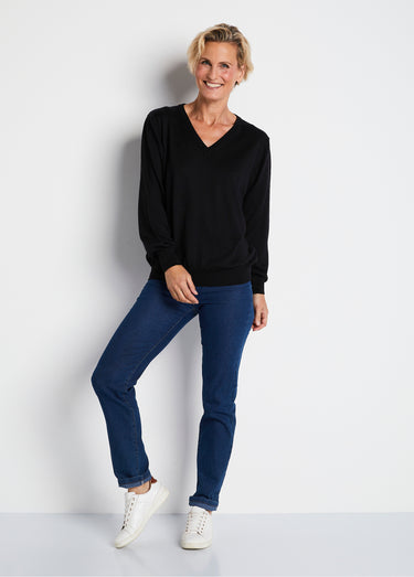 Pull court col V avec laine mérinos Noir