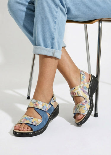 Sandales grande largeur cuir Imprime/Bleu