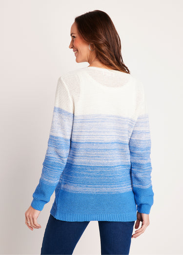 Gilet long col V boutonné coton Blanc/Bleu