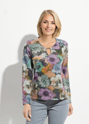 T-shirt chaud imprimé encolure ronde bijou Gris/Parme