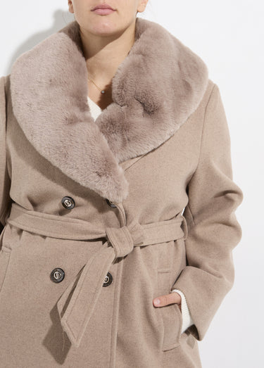 Manteau toucher laineux col fourrure Beige