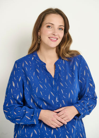 Tunique motifs col V boutonné manches 3/4 Bleu