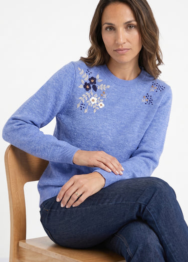 Pull doux uni brodé col rond manches longues Bleu