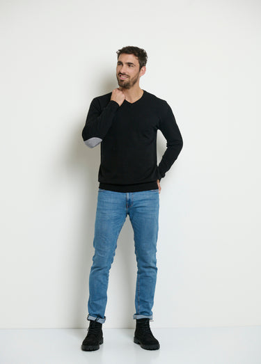 Pull col V maille empiècements coudes Noir