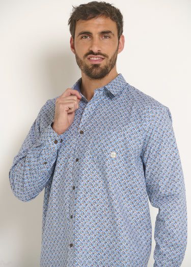Chemise coton micro motif manches longues Bleu