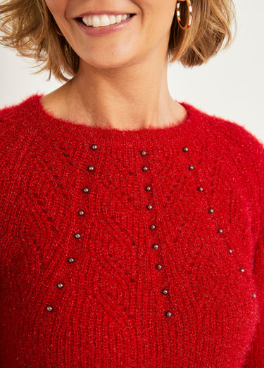 Pull doux maille poilue col rond perlé ajouré Rouge