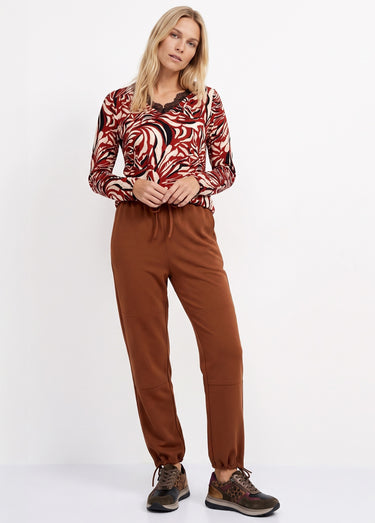 Pantalon large ceinture élastiquée maille crêpe unie Marron
