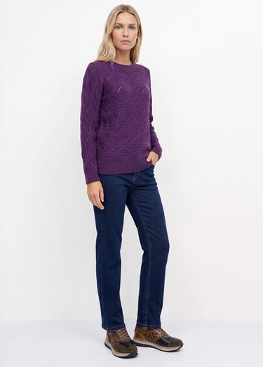 Pull tunique mi long uni col rond maille ajourée Violine