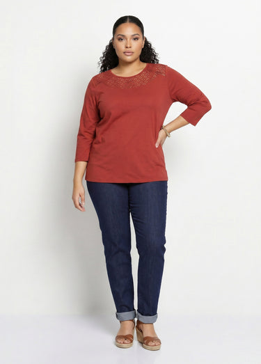T-shirt coton et dentelle manches 3/4 Tomette