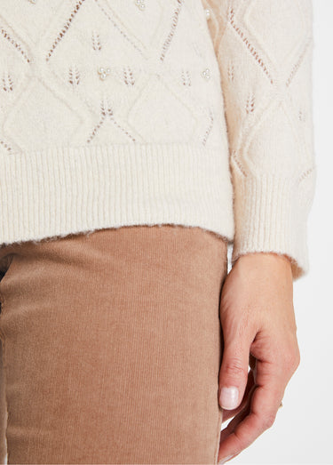 Pull doux ajouré perlé col montant Ecru