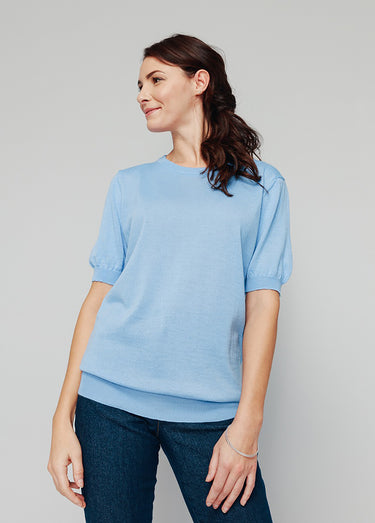 Pull laine mérinos chaud manches courtes Bleu Nuage