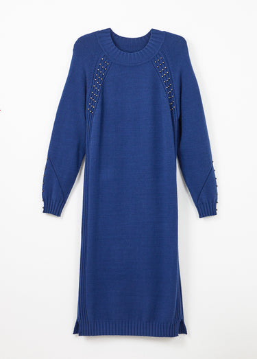 Robe-pull col montant détails côtelés perlés Bleu