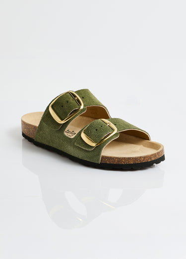Mules ergonomiques compensées cuir à boucles Kaki
