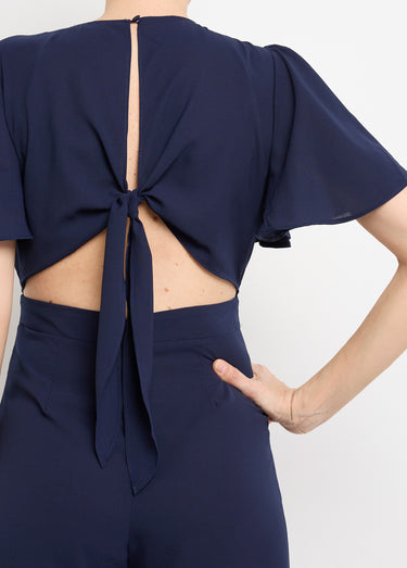 Combinaison chic encolure V, dos nu noué Marine