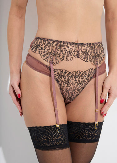 Ensemble 3 pièces fleur porte-jarretelles Vieux Rose
