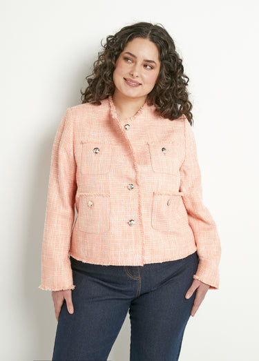 Veste sans col boutonnée courte tissu natté uni Abricot