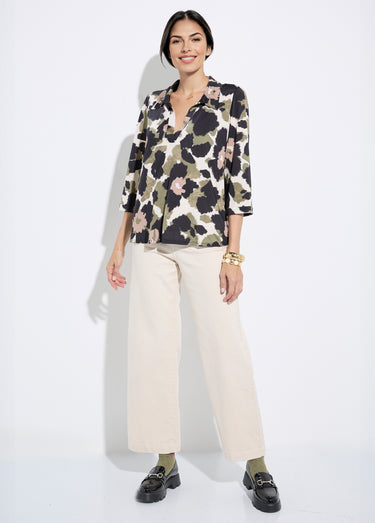 Chemisier fluide camouflage et col tailleur Noir/Kaki