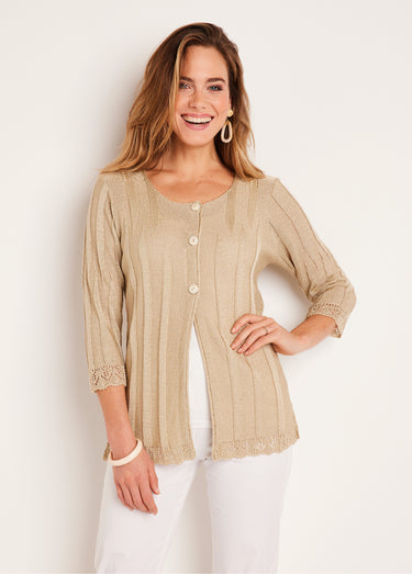 Cardigan boutonnée long ajouré Ficelle
