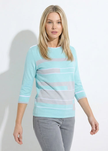Pull manches 3/4 col bateau jacquard rayé devant Aqua/Gris