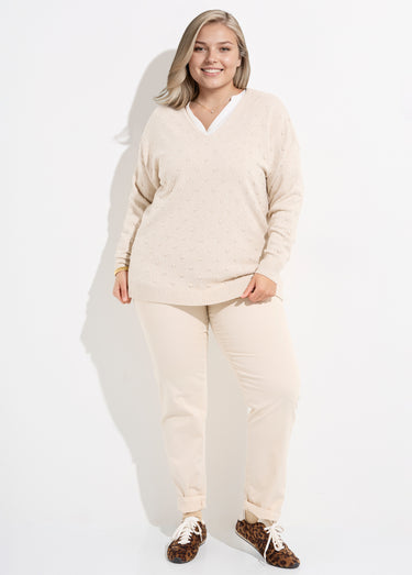 Pull col V maille fantaisie à pois Ecru