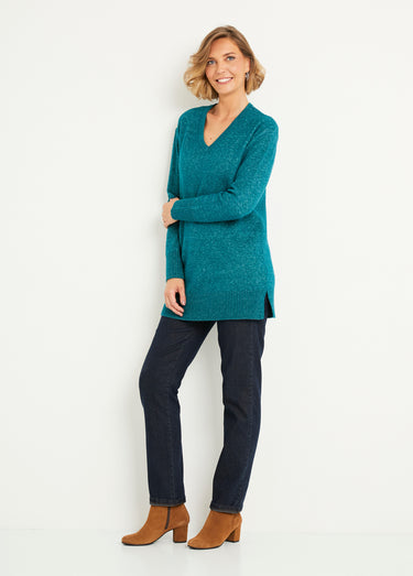 Pull tunique chiné long col V avec laine Canard