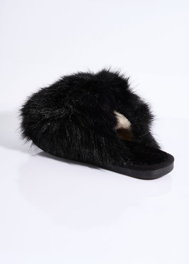 Mules en fausse fourrure longs poils Noir