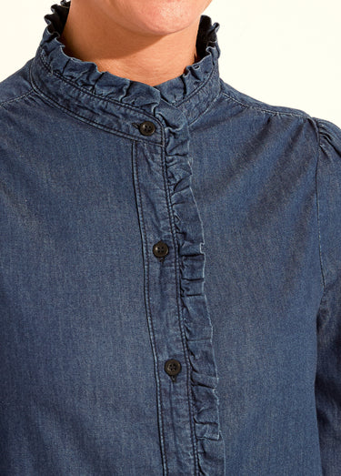 Chemisier col volanté en denim léger Bleu denim