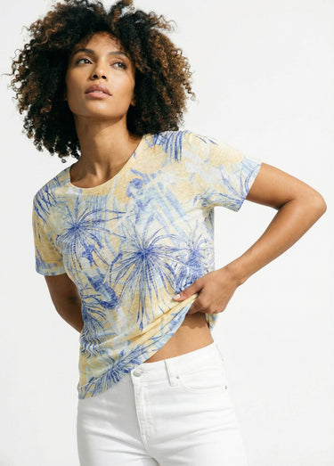 T-shirt court motif et strass col rond Jaune/Bleu