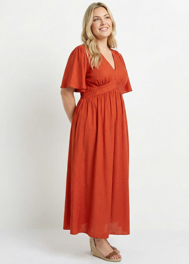 Robe longue taille haute plissée, col V Terracota