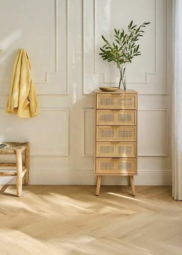 MIYA Chiffonier 5 tiroirs, tramé cannage Bois Clair