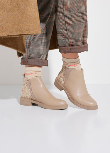 Boots Chelsea, détail paillettes talon Beige