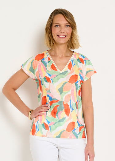 T-shirt court col V brillant imprimé Jaune/Vert