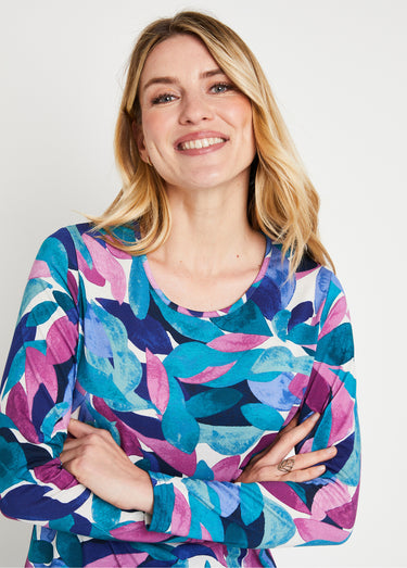 T-shirt fluide court imprimé floral col rond Bleu/Rose