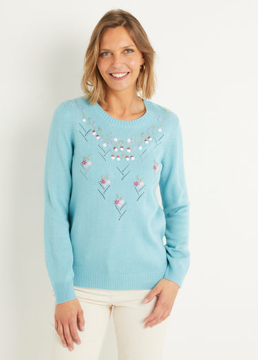 Pull doux uni brodé ajouré col rond Vert Onyx