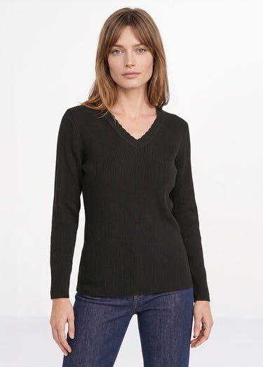 Pull fin uni maille côtelée col V Noir
