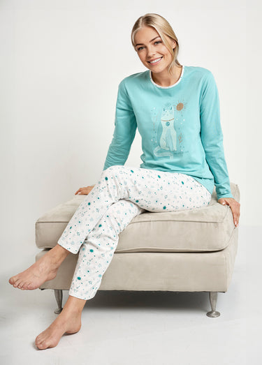 Pyjama pantalon manches longues coton Aqua/Ivoire