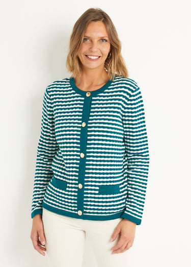 Gilet boutonné rayé chic avec col rond Canard/Ecru