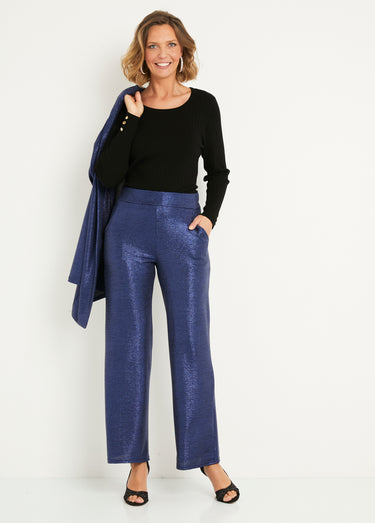 Pantalon large taille élastiquée maille brillante Bleu Nuit