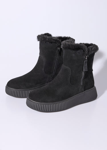 Boots en cuir fourrées, semelle épaisse Noir