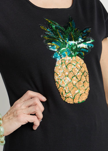T-shirt coton ananas sequins Noir