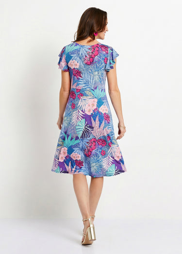 Robe courte évasée col V drapé Bleu/Fuchsia