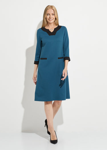 Robe courte droite bicolore manches 3/4 Bleu canard/noir