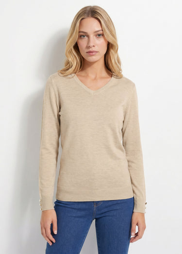 Pull fin col V jersey uni avec laine mérinos Ficelle